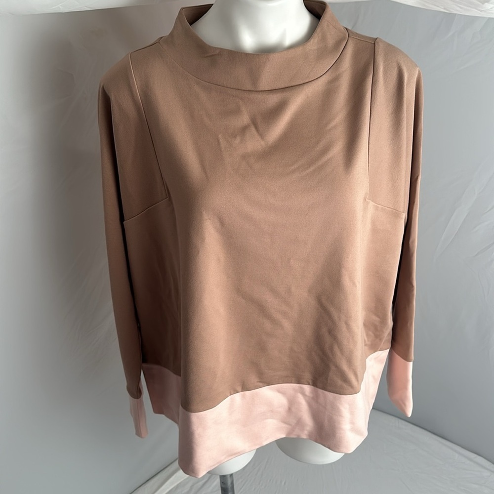 Ann Taylor tan and peach colorblock mock neck top - Picture 2 of 10